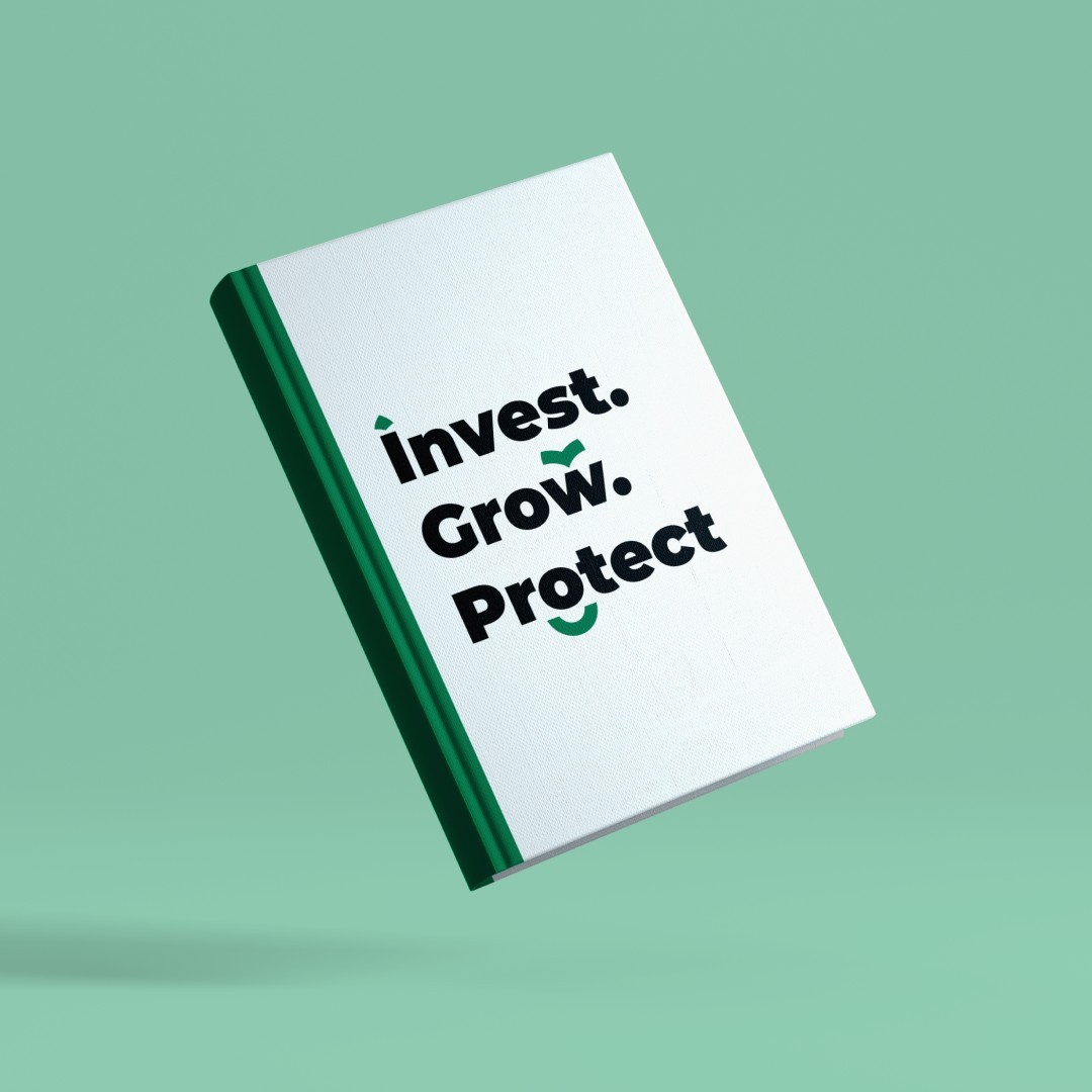 A closed book with the title — Invest, Grow, Protect. The logo is split and different parts attach to each word. The word Invest has an arrow-shaped tip instead of the point above the letter I; the word Grow has a sprout or a check mark above the letter W; and the word Protect has the upside arc bending around the letter O.