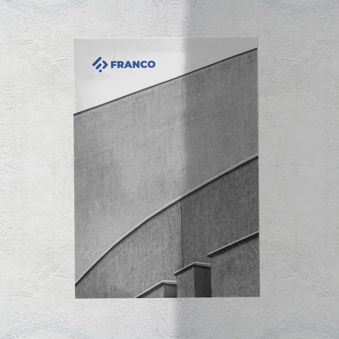 A poster with a part of a concrete building taking almost all of the spread. The Franco logo is in the corner, in blue color.