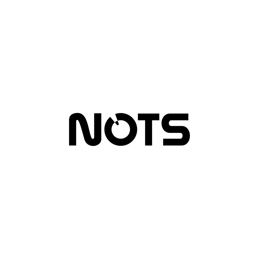 A text-based logo for NOTS.Letters are made of rounded thick lines, to look like roads. The letter O has a cutout and a small appendix, to look like a bicycle wheel, with an air nipple